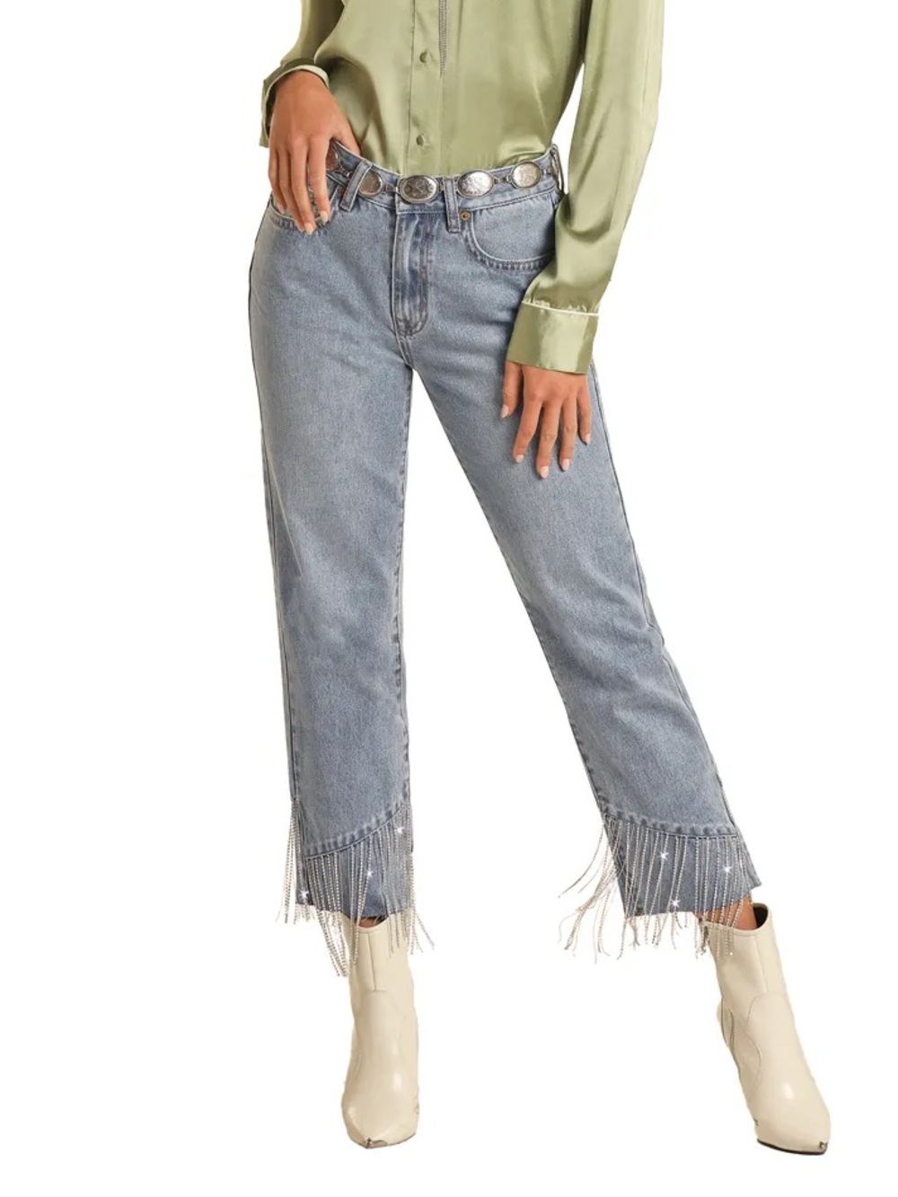 Rock & Roll Cowgirl Light Wash Fringe-Hem Cropped Jeans